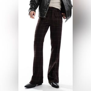 ASOS DESIGN smart flared check pants in burgundy